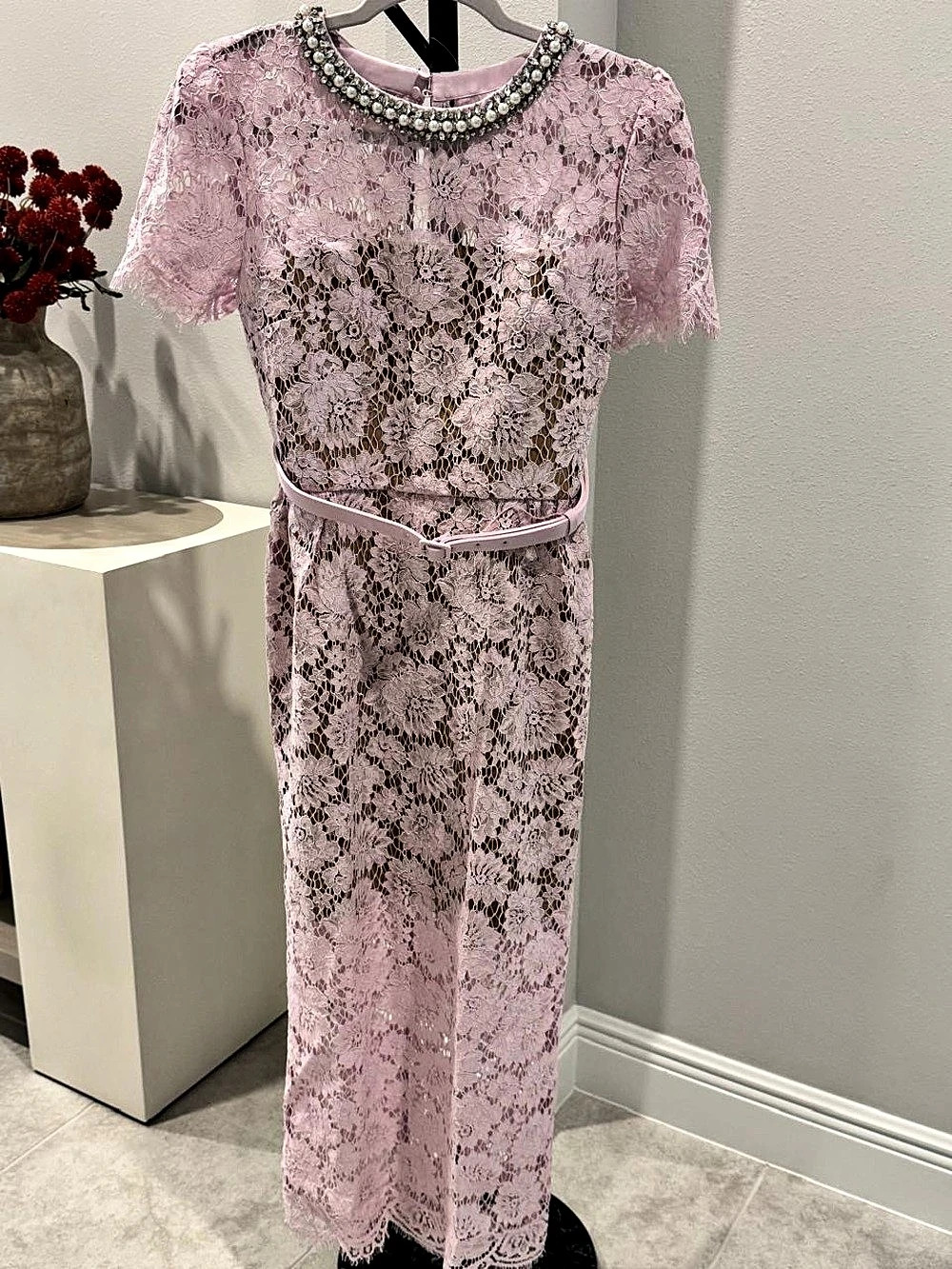 Pink Fine Lace Pearl Midi Dress